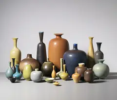 Group of twenty-three vases by Berndt Friberg, 1960s-1970s, Stoneware, various matt 'haresfur' glazes, sold Apr 2014