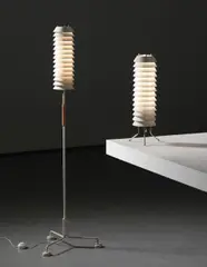Early 'Mija the bee' table and standard lamps by Ilmari Tapiovaara, designed 1955 and 1957, Painted aluminium, brass, cane, sold Apr 2014
