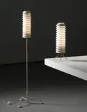 Ilmari Tapiovaara, Early 'Mija the bee' table and standard lamps, designed 1955 and 1957, Painted aluminium, brass, cane