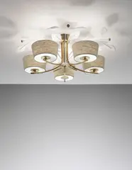 Five-armed ceiling light, model no. K1-6 by Paavo Tynell, circa 1958, Painted metal, tubular brass, glass, fabric, sold Apr 2014
