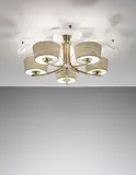 Paavo Tynell, Five-armed ceiling light, model no. K1-6, circa 1958, Painted metal, tubular brass, glass, fabric