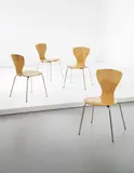 Tapio Wirkkala, Set of four 'Nikke' dining chairs, model no. 9019, circa 1958, Rhythmic laminated-birch plywood, nickel-plated tubular steel, rubber
