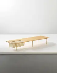 Bruno Mathsson, Coffee table with magazine holders, 1960s, Birch root-veneered wood, birch laminated wood, painted folded sheet steel