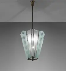 Ceiling light by Pietro Chiesa, circa 1940, Tubular brass, brass, partially frosted glass, offered Apr 2014
