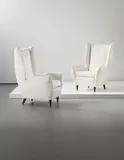 Gio Ponti, Pair of armchairs, 1950s, Fabric, walnut