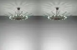 Max Ingrand, Pair of 'Dahlia' sixteen-armed chandeliers, model no. 1563, circa 1954, Coloured glass, clear glass, brass, tubular brass
