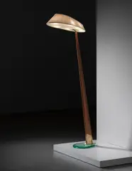 Standard lamp by Max Ingrand, circa 1955, Mahogany, brass, glass, frosted glass, fabric shade, sold Apr 2014