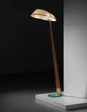 Max Ingrand, Standard lamp, circa 1955, Mahogany, brass, glass, frosted glass, fabric shade