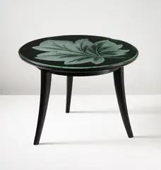 Coffee table by Pietro Chiesa, circa 1936, Etched glass, stained wood, offered Apr 2014