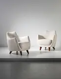 Gio Ponti, Pair of armchairs, designed for the First Class Ballroom of the ‘Augustus’ transatlantic ocean liner, 1950, Fabric, stained teak