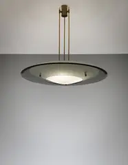 Ceiling light, model no. 2097 by Max Ingrand, circa 1954, Frosted glass, coloured glass, tubular brass, brass, painted brass, sold Apr 2014