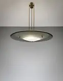 Max Ingrand, Ceiling light, model no. 2097, circa 1954, Frosted glass, coloured glass, tubular brass, brass, painted brass