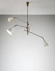 Arredoluce, Three-armed adjustable ceiling light, 1950s, Painted aluminium, tubular brass, painted brass, brass