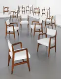 Gio Ponti, Set of twelve dining chairs, designed for the 'Augustus' transatlantic ocean liner, 1950, Stained teak, fabric