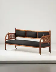Settee, designed for Dromore Castle, County Limerick by Edward William Godwin, circa 1869, Stained mahogany, fabric, brass, offered Apr 2014
