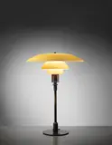 Poul Henningsen, Early and rare table lamp, type 4/3 shades, circa 1927, Patinated tubular brass, opaque glass, patinated brass
