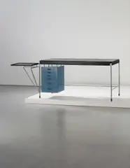 Arne Jacobsen, Rare desk, designed for the American Scandinavian Foundation, New York, 1952, Leather, chromium-plated tubular steel, ebony, painted wood