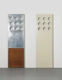 Jean Prouvé, Façade porthole panel, from the Bouqueval school, circa 1949, Aluminium, painted aluminium, glass, oak