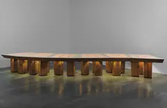 Frank Gehry, Unique monumental illuminated conference table, designed for the temporary offices of Chiat/Day Advertising Co., Venice, California, 1986, Pine, plastic laminate-covered pine, wood, metal