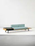 Bench with side table and drawer, from Cité Cansado, Cansado, Mauritania by Charlotte Perriand, circa 1958, Oak, painted metal, plastic laminated oak, fabric, sold Sep 2014