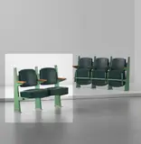 Jean Prouvé, Row of two lecture theatre chairs with adjustable seats, designed for the Faculté des Lettres, Université de Besançon, 1952-1956, Painted bent steel, painted tubular steel, oak, vinyl