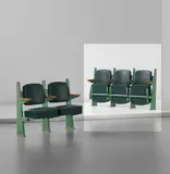 Jean Prouvé, Row of three lecture theatre chairs with adjustable seats, designed for the Faculté des Lettres, Université de Besançon, 1952-1956, Painted bent steel, painted tubular steel, oak, vinyl