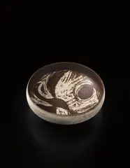 Hans Coper, Large bowl, circa 1955, Stoneware, the exterior with layered white porcelain slips and engobes, the interior with manganese glaze revealing a white linear design beneath