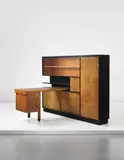 Kálmán Lengyel, Unique cabinet with adjustable desk, circa 1930, Painted wood, birch-veneered wood, nickel-plated metal, glass