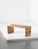 Jean Royere, Rare coffee table, circa 1955, Oak, leather, brass studs, glass