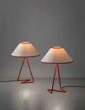 Jean Royere, Pair of 'Flic Flac' table lamps, 1950s, Painted metal, paper shades