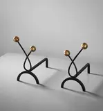 Jean Royere, Pair of 'Boules' andirons, circa 1950, Wrought iron, brass