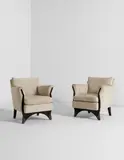 Eugène Printz, Pair of armchairs, circa 1930, Lacquered wood, bronze, fabric