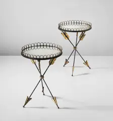 André Arbus, Pair of side tables, circa 1947, Gilt wrought iron, wrought iron, mirrored glass