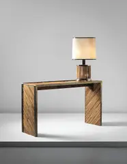 Console with table lamp by Gabriella Crespi, 1970s, Console: bamboo, brass; table lamp: bamboo, brass, fabric, sold Sep 2014