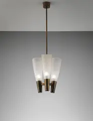 Rare three-armed ceiling light by Pietro Chiesa, circa 1936, Tubular brass, nickel-plated brass, frosted glass, offered Sep 2014