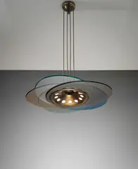 Max Ingrand, Ceiling light, circa 1956, Tubular brass, brass, coloured glass, glass