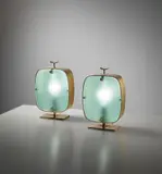 Pair of table lamps, model no. 2049 by Fontana Arte, circa 1957, Brass, coloured glass, sold Sep 2014
