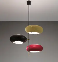 Three-armed ceiling light by Angelo Lelii, circa 1957, Brass, painted tubular metal, painted metal, opaque glass, frosted glass, offered Sep 2014