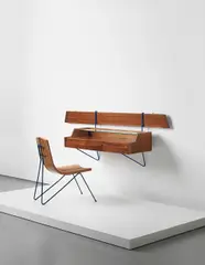 Unique wall-mounted dressing table and chair by Sergio Conti, circa 1958, Painted tubular metal, tubular metal, fabric, mahogany-veneered wood, glass, sold Sep 2014