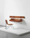 Sergio Conti, Unique wall-mounted dressing table and chair, circa 1958, Painted tubular metal, tubular metal, fabric, mahogany-veneered wood, glass