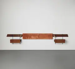 Unique headboard with bedside tables and reading lights by Sergio Conti, circa 1958, Mahogany-veneered wood, painted metal, brass, velvet, sold Sep 2014