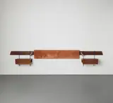 Sergio Conti, Unique headboard with bedside tables and reading lights, circa 1958, Mahogany-veneered wood, painted metal, brass, velvet