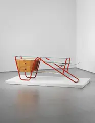Unknown Designer, Italian table, 1940s, Painted tubular metal, glass, oak