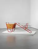 Unknown Designer, Italian table, 1940s, Painted tubular metal, glass, oak