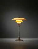 Early and rare table lamp, type 4/3 shades by Poul Henningsen, 1927, Patinated tubular brass, opaque glass, patinated brass, sold Sep 2014