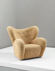 Flemming Lassen, 'Den trætte mand' (The Tired Man) armchair, circa 1935, Sheepskin, oak, bronze casters