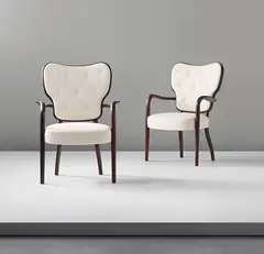 Vilhelm Lauritzen, Rare and important pair of armchairs, from the Royal Suite, Radiohuset (National Broadcasting House), Copenhagen, 1938-1945, Rosewood, fabric