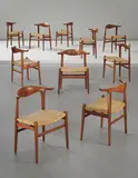 Hans J. Wegner, Set of ten 'Cowhorn' dining chairs, model no. JH 505, circa 1952, Teak, cane