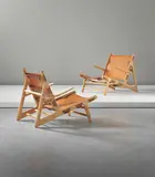 Børge Mogensen, Pair of 'Hunting' chairs, model no. 2229, circa 1950, Oak, leather, brass