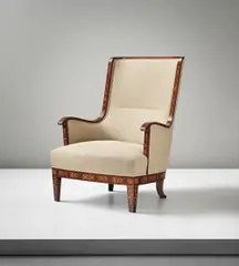 Highback armchair by Carl Malmsten, 1940s, Rosewood-veneered wood and fruitwood marquetry, rosewood, fabric, offered Sep 2014